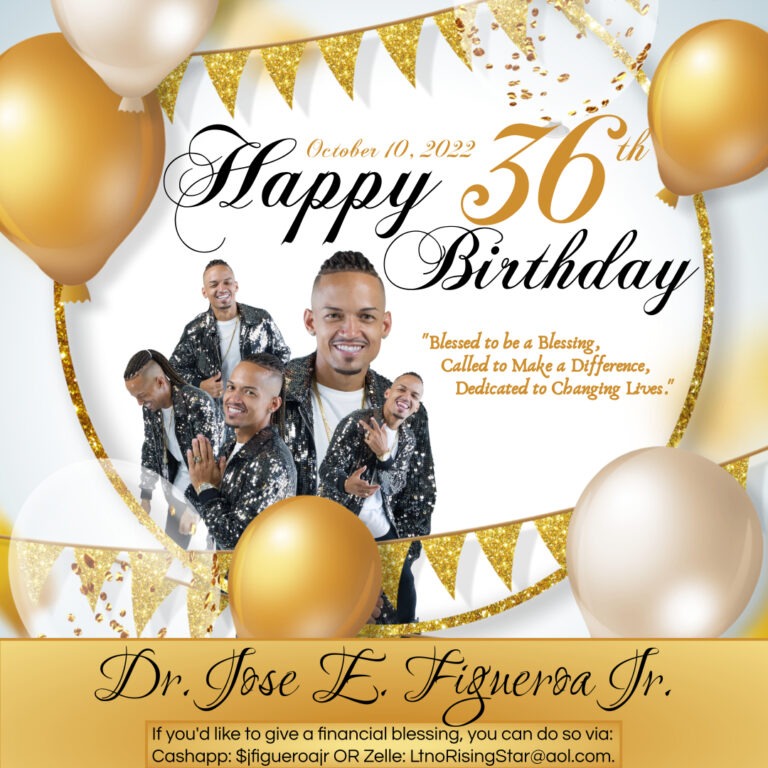 Celebratory birthday graphic for Dr. Jose E. Figueroa Jr., highlighting "Happy 36th Birthday" with festive elements and donation details.