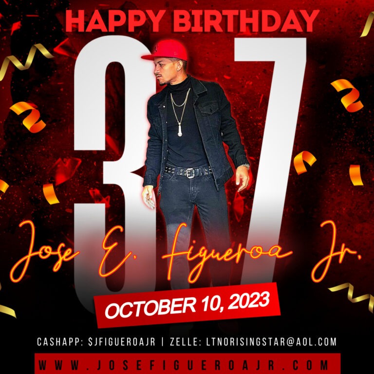 Celebrating Jose E. Figueroa Jr.'s 37th birthday on October 10, 2023, with festive colors and decorations in the background.