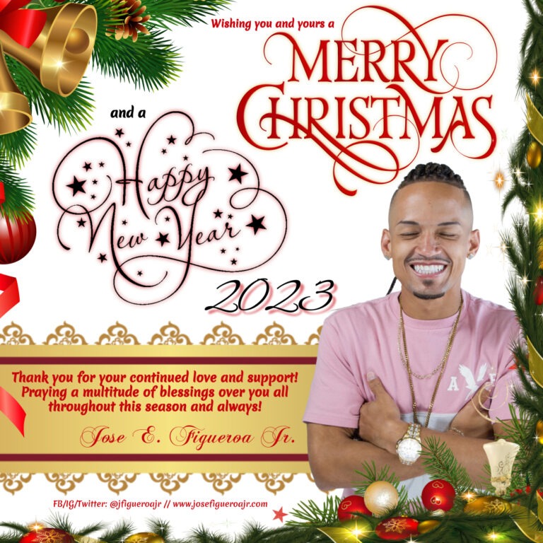 A festive holiday greeting card featuring a smiling man with short hair, surrounded by Christmas decorations. Text reads "Merry Christmas and a Happy New Year 2023."