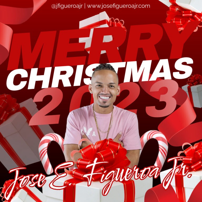 Jose E. Figueroa Jr. smiles in front of festive gifts and a bold "Merry Christmas 2023" text, celebrating the holiday spirit.
