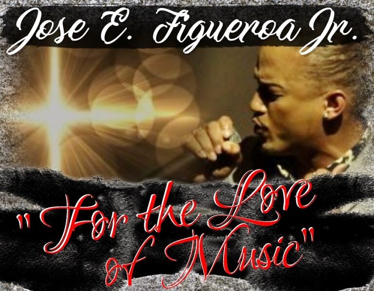 Jose E. Figueroa Jr. passionately singing, with a starburst effect in the background, highlights the theme "For the Love of Music."