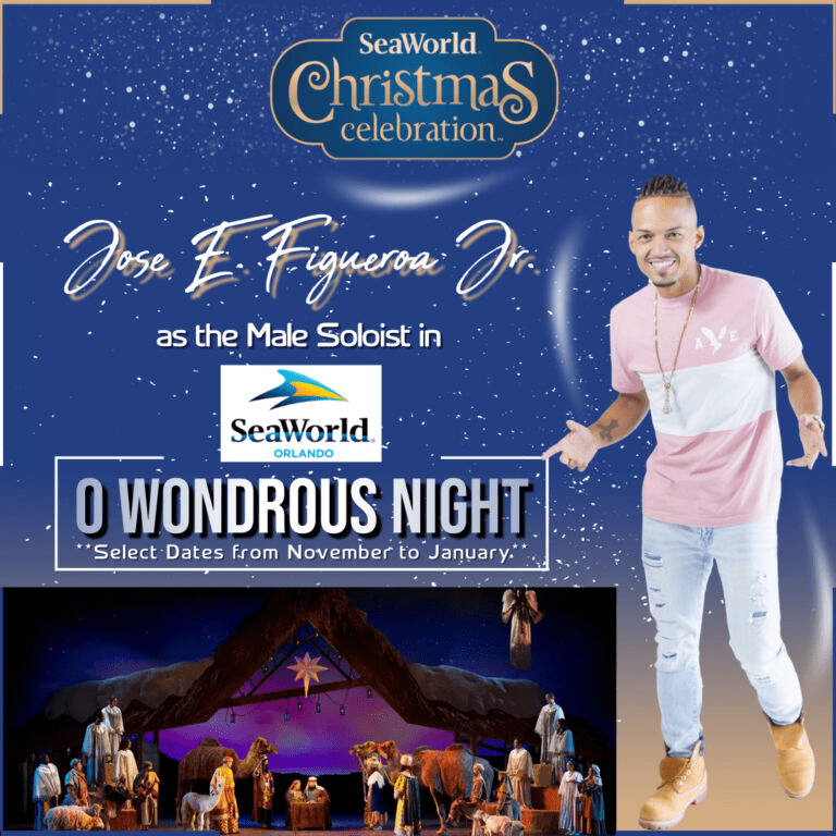 Jose E. Figueroa Jr. stars as the Male Soloist for SeaWorld's Christmas celebration, promoting the event "O Wondrous Night," available from November to January.