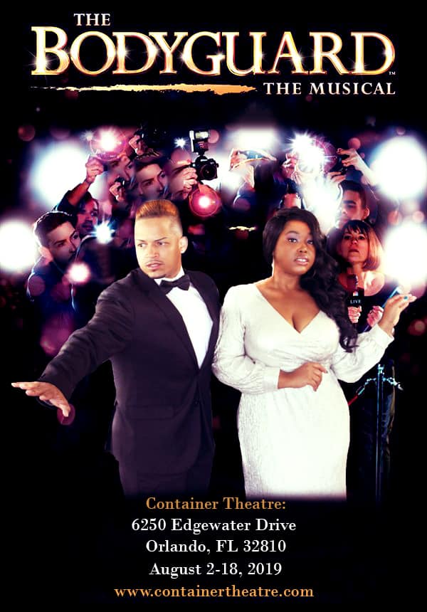 A man in a tuxedo and a woman in a white dress pose dramatically amidst flashing cameras, promoting "The Bodyguard: The Musical" at Container Theatre, Orlando.